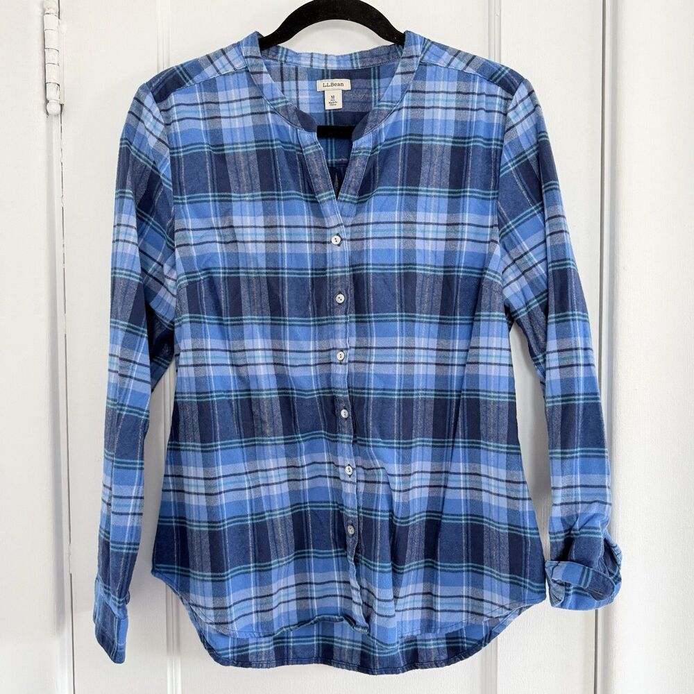L.L. Bean 100% Cotton Flannel Plaid Button-Up Shirt Blue Long Sleeve Size M